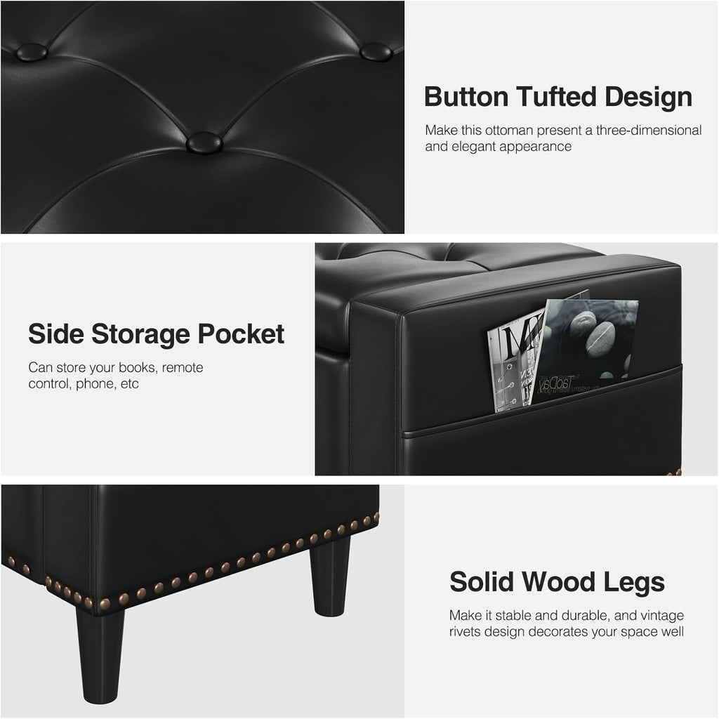 60" Storage Ottoman Bench, Faux Leather Upholstered Bed Bench, Black