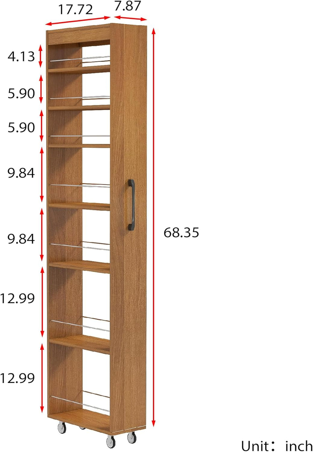 KEIKI 7 Tier Pull-Out Kitchen Pantry Storage Cabinet, Multi-Tier Single-Sided Open Shelf, Spice Rack Next to Fridge, Wood Hutch Food Pantries Cupboard for Coffee Bar, Dining Room, Narrow Spaces