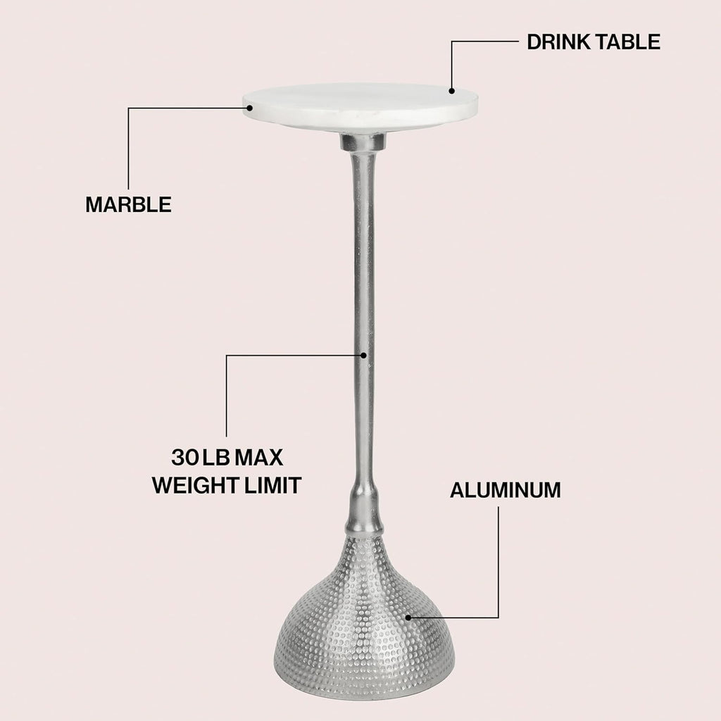 Eyely DNE4001B Kai 23.75" Art Deco Metal Pedestal Drink Table and Decorative End Table w/White Marble Round Top and Hammered Base for Living Room, Bedroom, Nickel