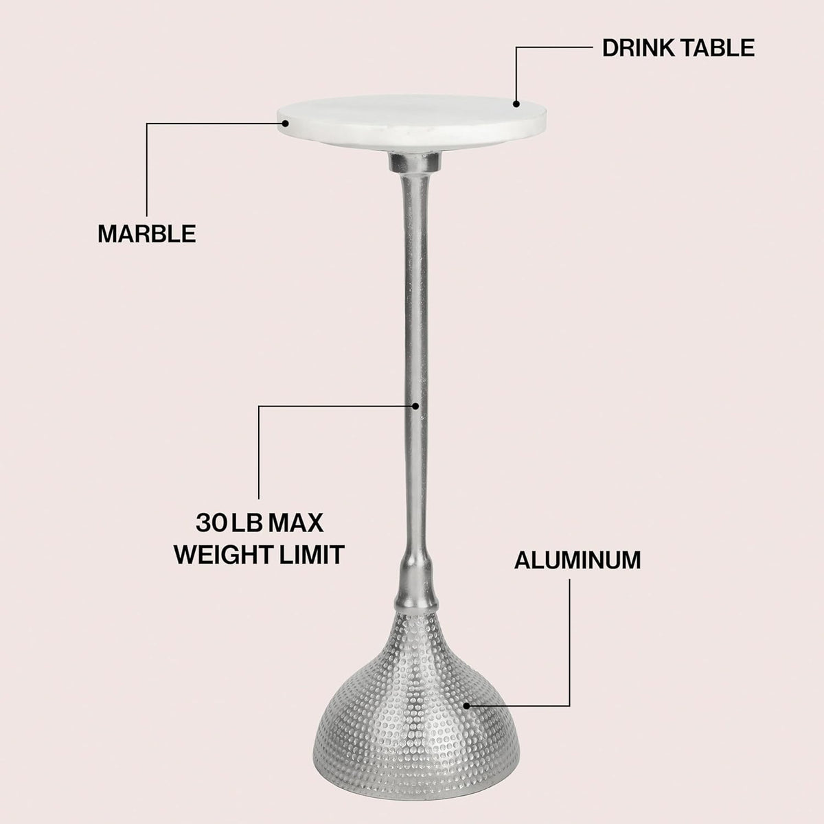 Eyely DNE4001B Kai 23.75" Art Deco Metal Pedestal Drink Table and Decorative End Table w/White Marble Round Top and Hammered Base for Living Room, Bedroom, Nickel