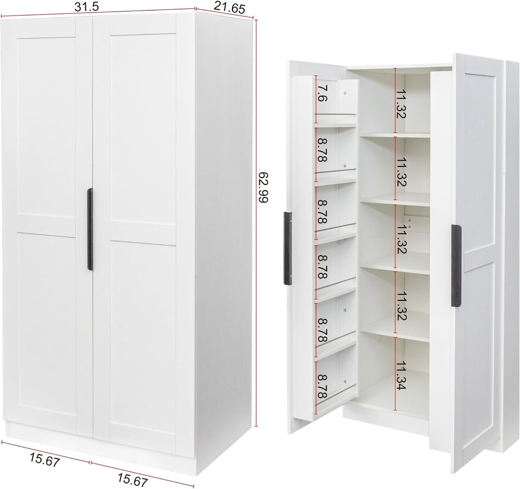 22 inch Deep Kitchen Pantry Cabinet Storage Organizer with Fridge Space,Wood White Food Kitchen Cupboard with 12 Door Shelves Storage Dining Room Furniture (White)