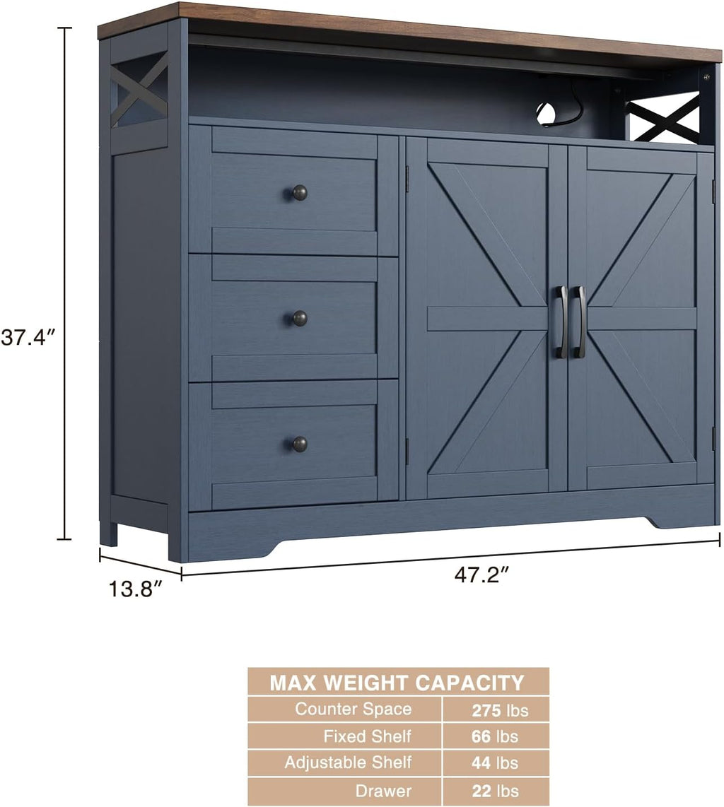 Befrases Farmhouse Buffet Cabinet with Drawers & Open Shelf, Sideboard with Storage, Kitchen Pantry Cabinet Hutch, Coffee Bar Station for Kitchen, Livingroom, 47" L Blue
