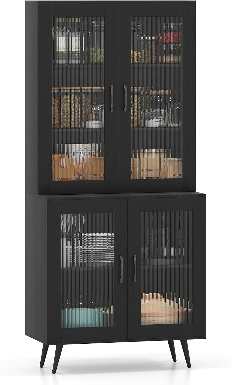 LOKO Kitchen Pantry Cabinet, Freestanding Storage Cupboard with Translucent Fluted Doors & Adjustable Shelf, Modern Tall Accent Cabinet Bookcase for Living Room, Dining Room, Home Office (Black)