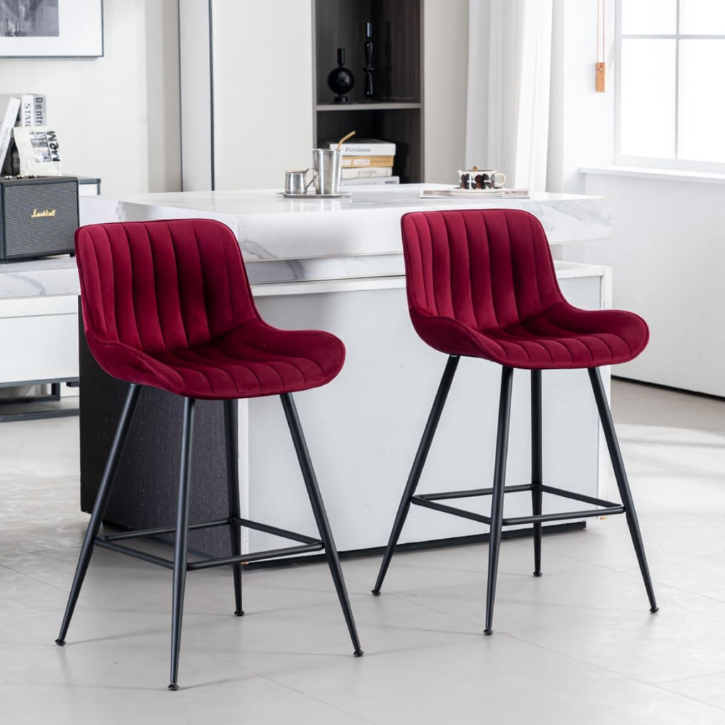 Bar Stools Set of 2 with Velvet Upholstery, Burgundy | Luxury Counter Height Bar Stools with Black Metal Legs 24 Inches Seat Height Barstools with Backs for Kitchen Island