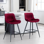 Bar Stools Set of 2 with Velvet Upholstery, Burgundy | Luxury Counter Height Bar Stools with Black Metal Legs 24 Inches Seat Height Barstools with Backs for Kitchen Island
