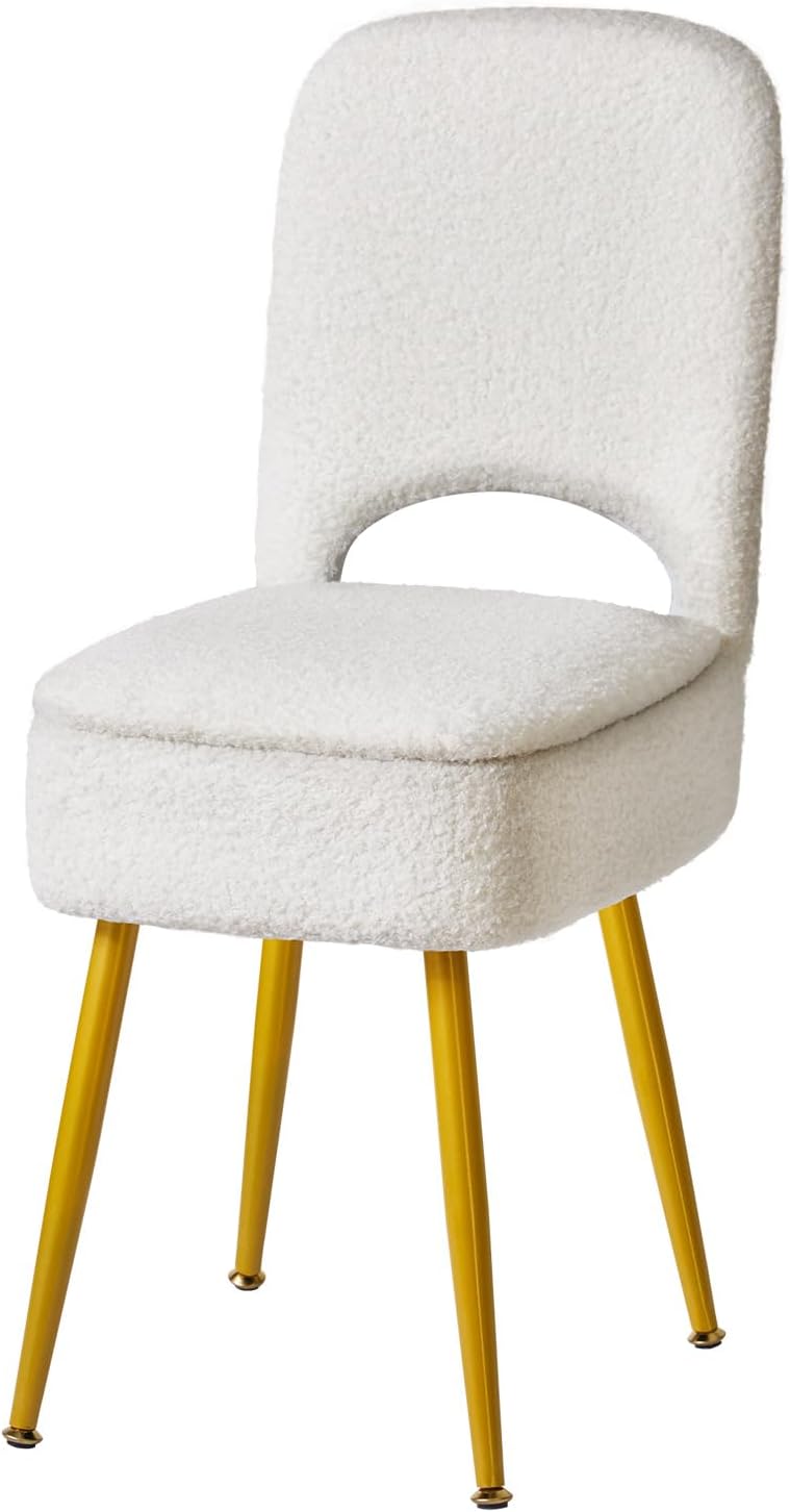IBUYKE Small Storage Vanity Stool with Folding Backrest, 12.99" x 13.78" x 31.5" Square Teddy Velvet Ottoman, Makeup Chair for Living Room, 4 Metal Legs with Anti-Slip Feet, White WBD027W