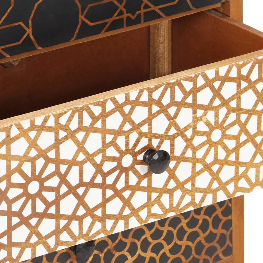 Mid-Century Modern Sideboard with Six Large Drawers, Solid Mango Wood and MDF Medium, Brown Printed Patterns Geometric Designs for Living Dining Room Storage