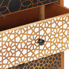 Mid-Century Modern Sideboard with Six Large Drawers, Solid Mango Wood and MDF Medium, Brown Printed Patterns Geometric Designs for Living Dining Room Storage