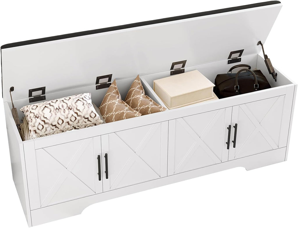 DreamDashio Storage Bench with Cushion, 47.2" End of Bed Storage Bench with Lift Top, Window Bench Seat with Storage for Bedroom, Mudroom, Entryway, Living Room & Hallway, White