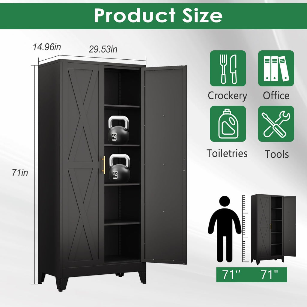 pozdeg 71" Tall Kitchen Pantry Cabinet, Metal Storage Cabinet with 2 Doors and 4 Adjustable Shelves, Black Food Pantry Cupboard for Kitchen, Dining Room, Living Room and Bathroom (Black)