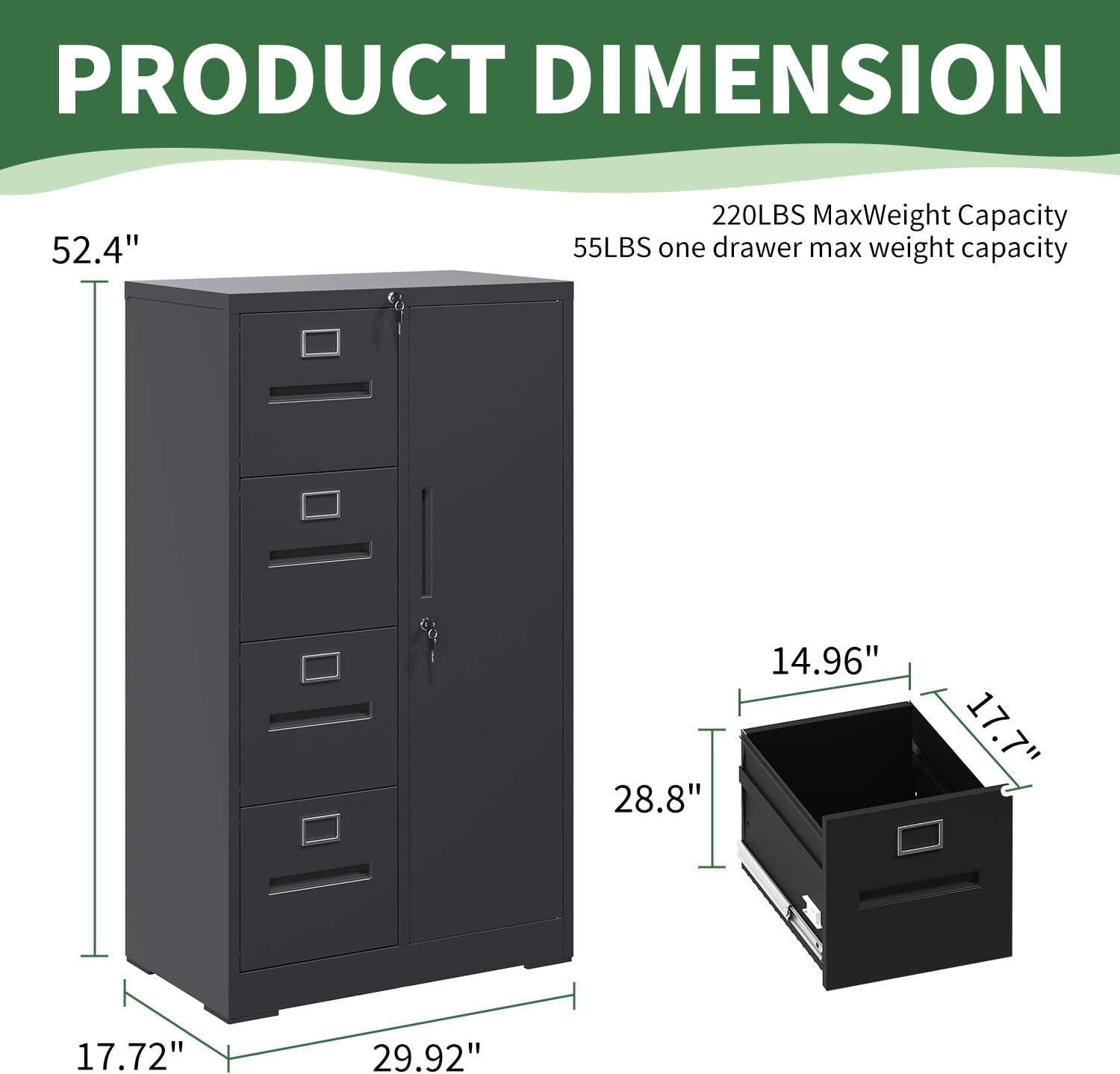 File Cabinet 4 Drawer, Vertical File Cabinet with Lock and 1 Door, File Cabinet with Storage Shelves for A4 Legal/Letter, Assembly Required (Black)