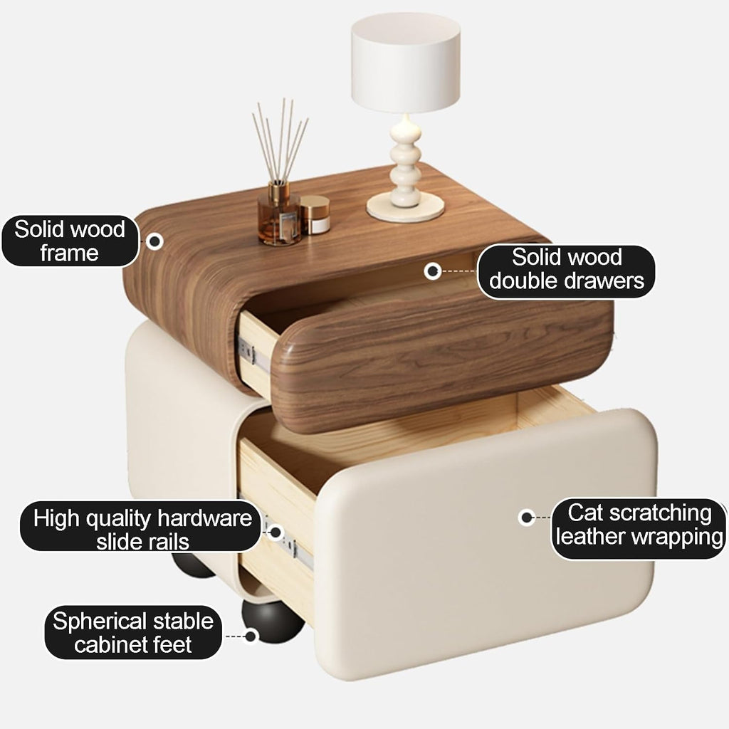 Stylish Rotatable Solid Wood Bedside Table Double Drawers Storage Cabinet with Rounded Corners Ball Feet for Living Room (Brown Khaki,40 cm)