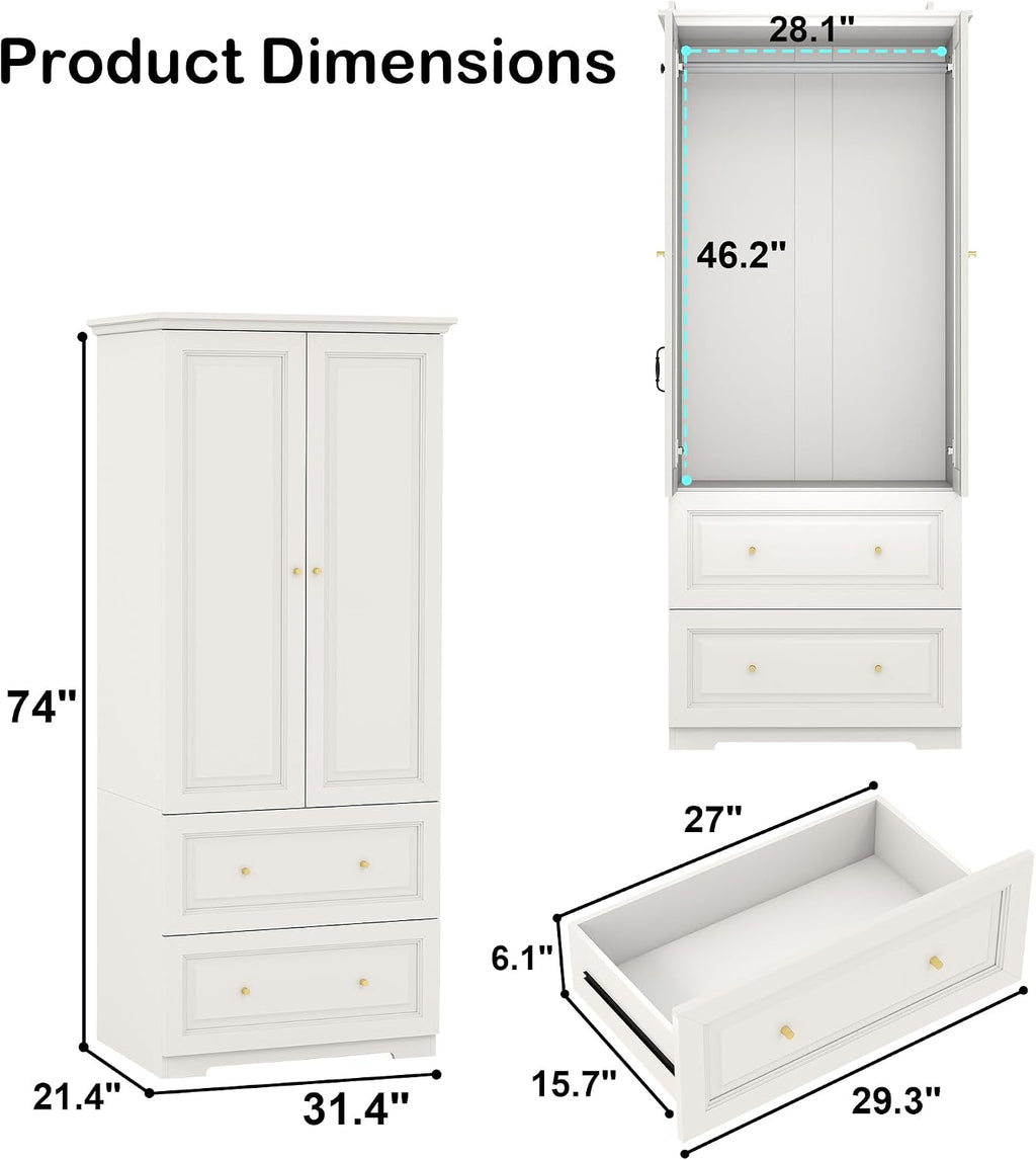 Bedroom Armoires Wardrobe Closet with 2 Doors: 74" White Wardrobe Cabinet with 2 Drawers, Modern Wood Closet for Hanging Clothes, Large Wardrobes Storage Closets (White, 31.4")