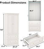 Bedroom Armoires Wardrobe Closet with 2 Doors: 74" White Wardrobe Cabinet with 2 Drawers, Modern Wood Closet for Hanging Clothes, Large Wardrobes Storage Closets (White, 31.4")