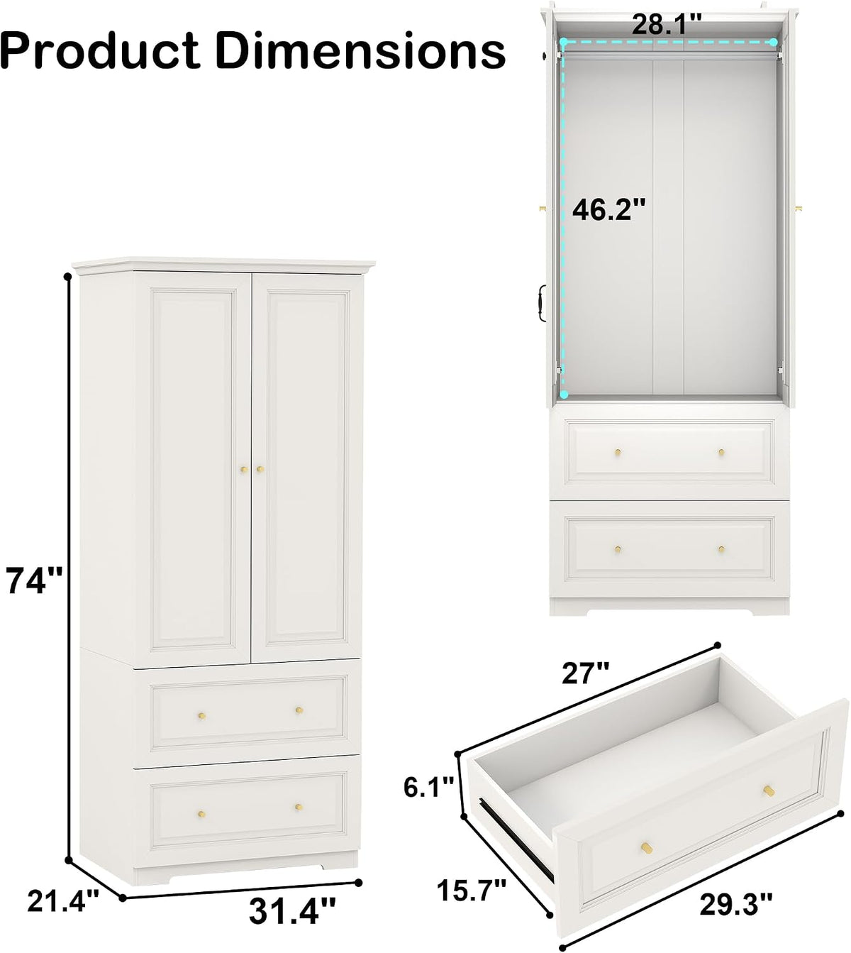Bedroom Armoires Wardrobe Closet with 2 Doors: 74" White Wardrobe Cabinet with 2 Drawers, Modern Wood Closet for Hanging Clothes, Large Wardrobes Storage Closets (White, 31.4")
