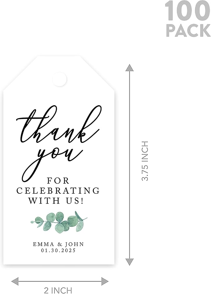 Andaz Press 100-Pack Personalized Thank You for Celebrating with Us Wedding Favor Tags with Bakers Twine Minimal Eucalyptus Leaf Custom Cardstock Wedding Gift Tags for Party Favors 2 x 3.75-Inches