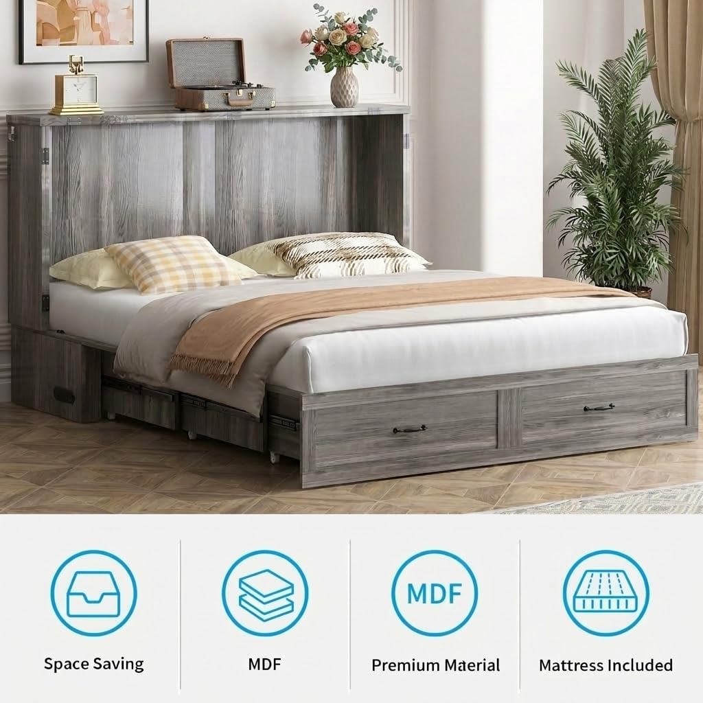 Mjkone Queen Murphy Bed, Cabinet Beds Queen Size with Tri-Fold Mattress Included, Charging Station, Hidden Storage Drawers, Space Saving Murphy Chest Beds, Cabinet Guest Wall Bed for Apartment, Grey