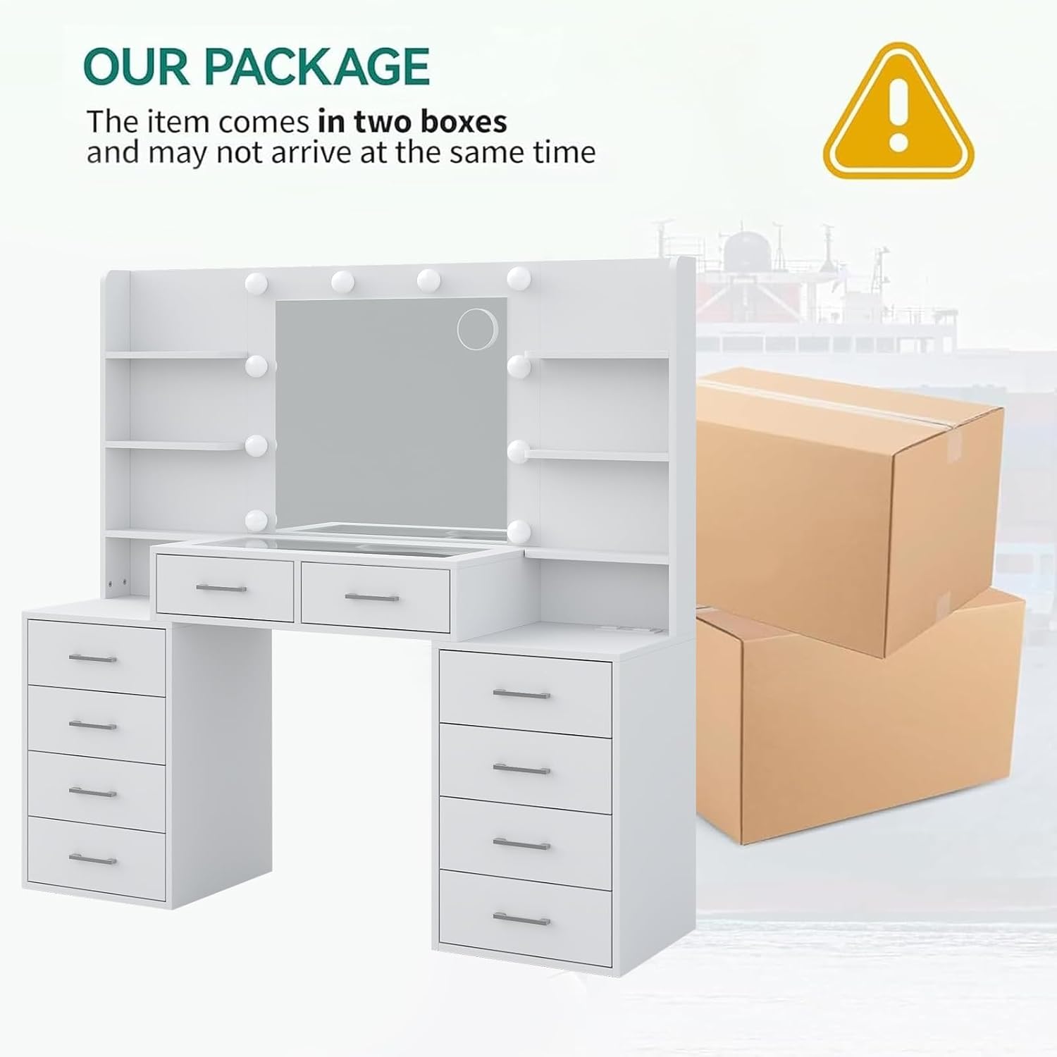 Yanosaku 55'' W Makeup Vanity with Mirror & Lights, 10 Drawers Vanity Desk with Charging Station, 6 Open Shelves, 3 Lighting Modes Brightness Adjustable, Glass Top Vanity with Chair for Bedroom, White