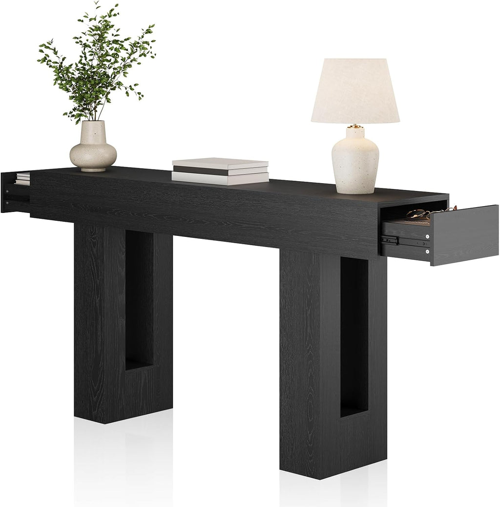 Airynee 63 Inches Long Console Table for Entryway with Drawers, Wooden Sofa Table Behind Couch, Industrial Entry Table for Living Room, Foyer, Hallway, Black