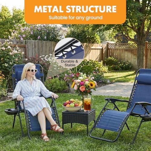 NEWBULIG Zero Gravity Chairs Set of 2, Lounge Chair Folding Portable Adjustable Camping Recliner with Adjustable Pollow, Mesh Back, Cup Holder Trays Lawn Patio Chair for Pool Beach