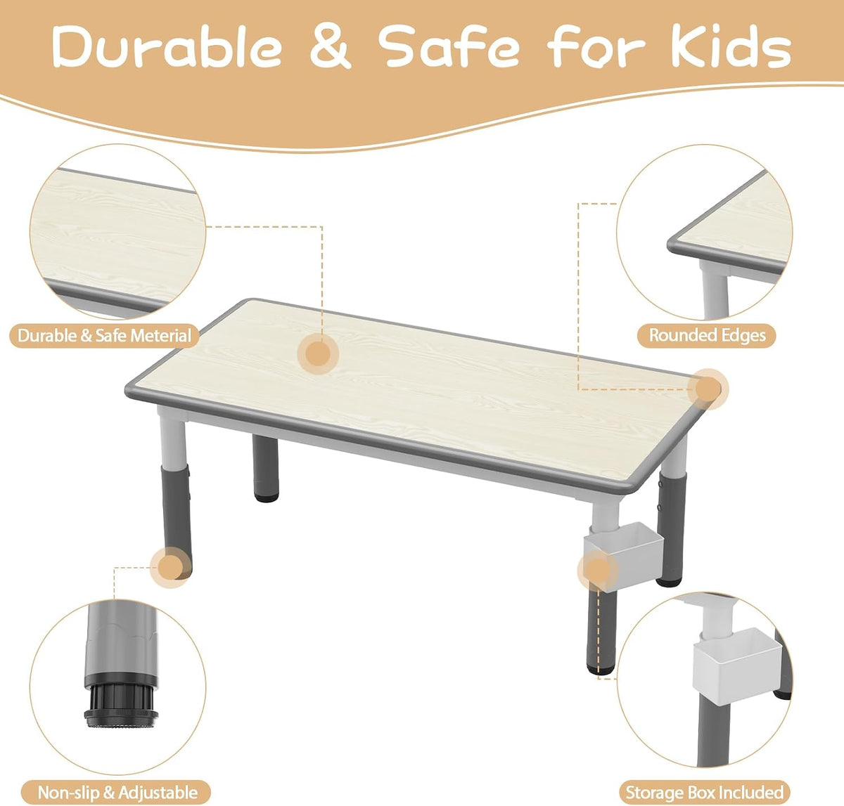Kids Table and Chairs Set Height Adjustable Table and 6 Chairs for Toddlers | 120*60 cm Graffiti Table | Non-slip Caps | Ergonomic Chair | Rounded Corners | Suitable for Daycare, Classrooms, Home