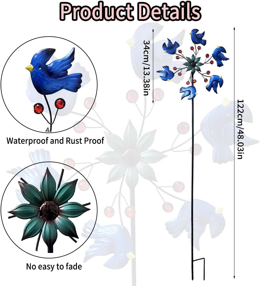 Blue Bird Metal Wind Spinner Garden Decor, 48 Inch Outdoor Yard Spinner Sculpture for Patio Lawn & Garden Decorations