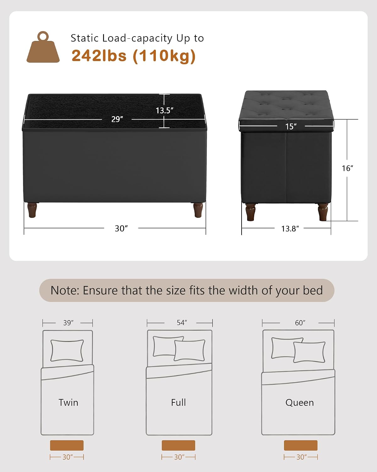 GLAXYFUR 30 Inches Ottoman with Storage, Folding Bench with Legs, Black | Faux Leather Foot Rest, Storage Chest for Living Room, Bedroom and Hallway, Upgrade Large Capacity