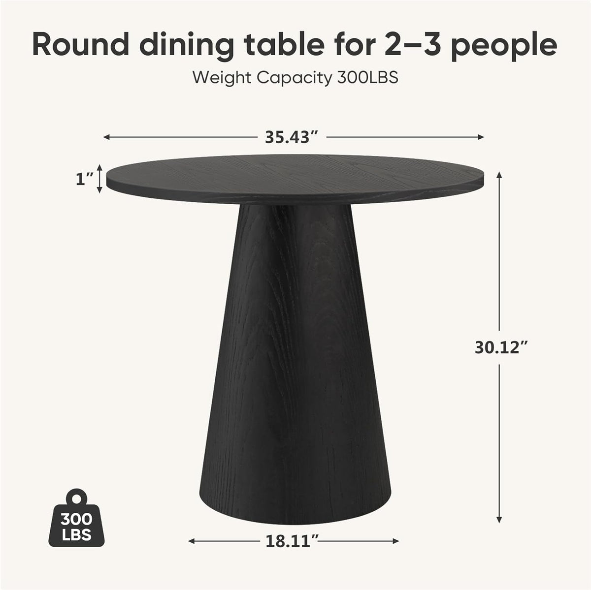 Comfy to go 35" Round Dining Table Wood for 2-3, Modern Farmhouse Kitchen Table with Concrete Pedestal Base, Small Circle Dining Table for Kitchen Living Room (Black)