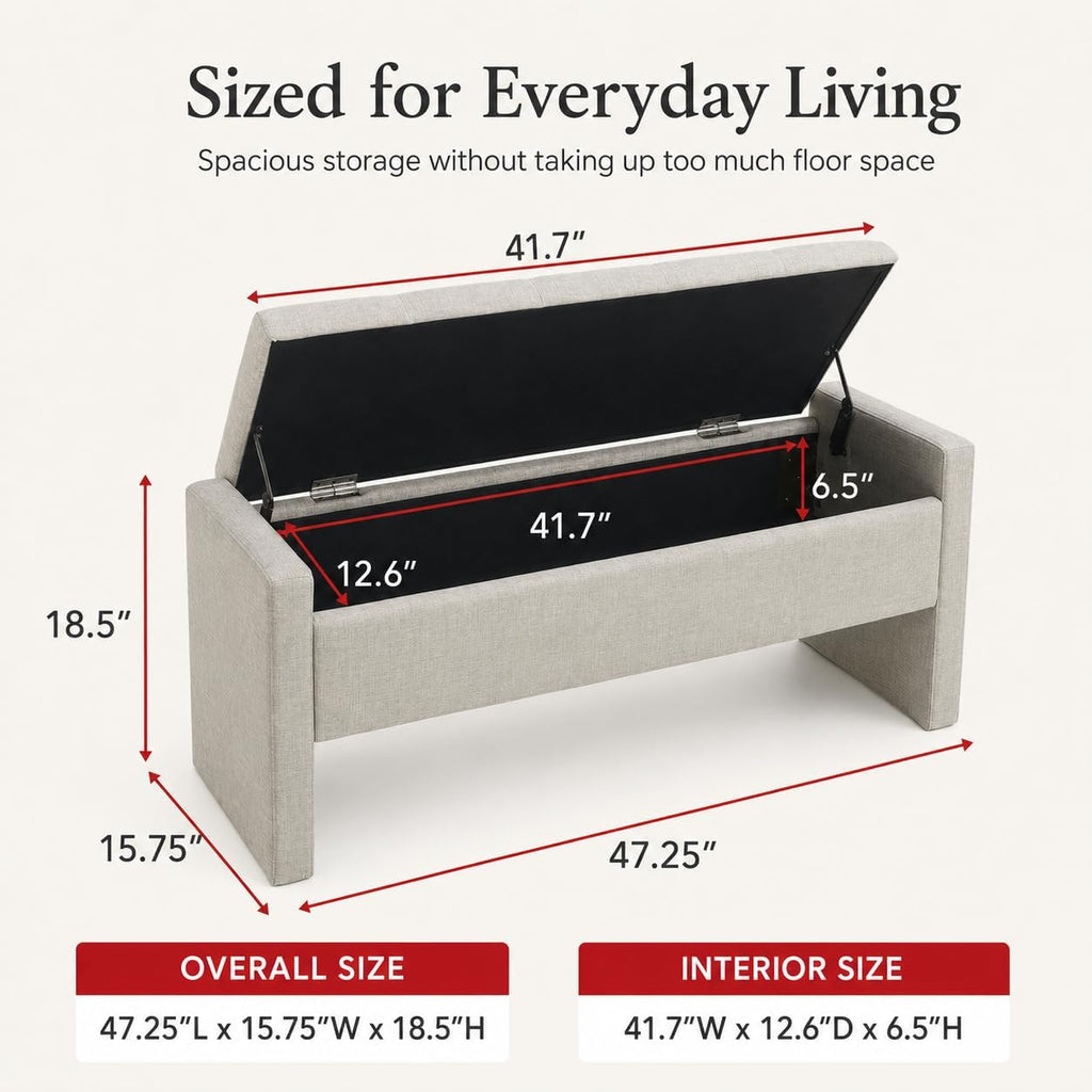 47.25 Inch Storage Ottoman Bench, Linen Upholstered, Light Grey | End of Bed Storage Bench, Entryway Shoe Bench and Footrest for Bedroom, Living Room, Dorm, Window Area and Small Spaces