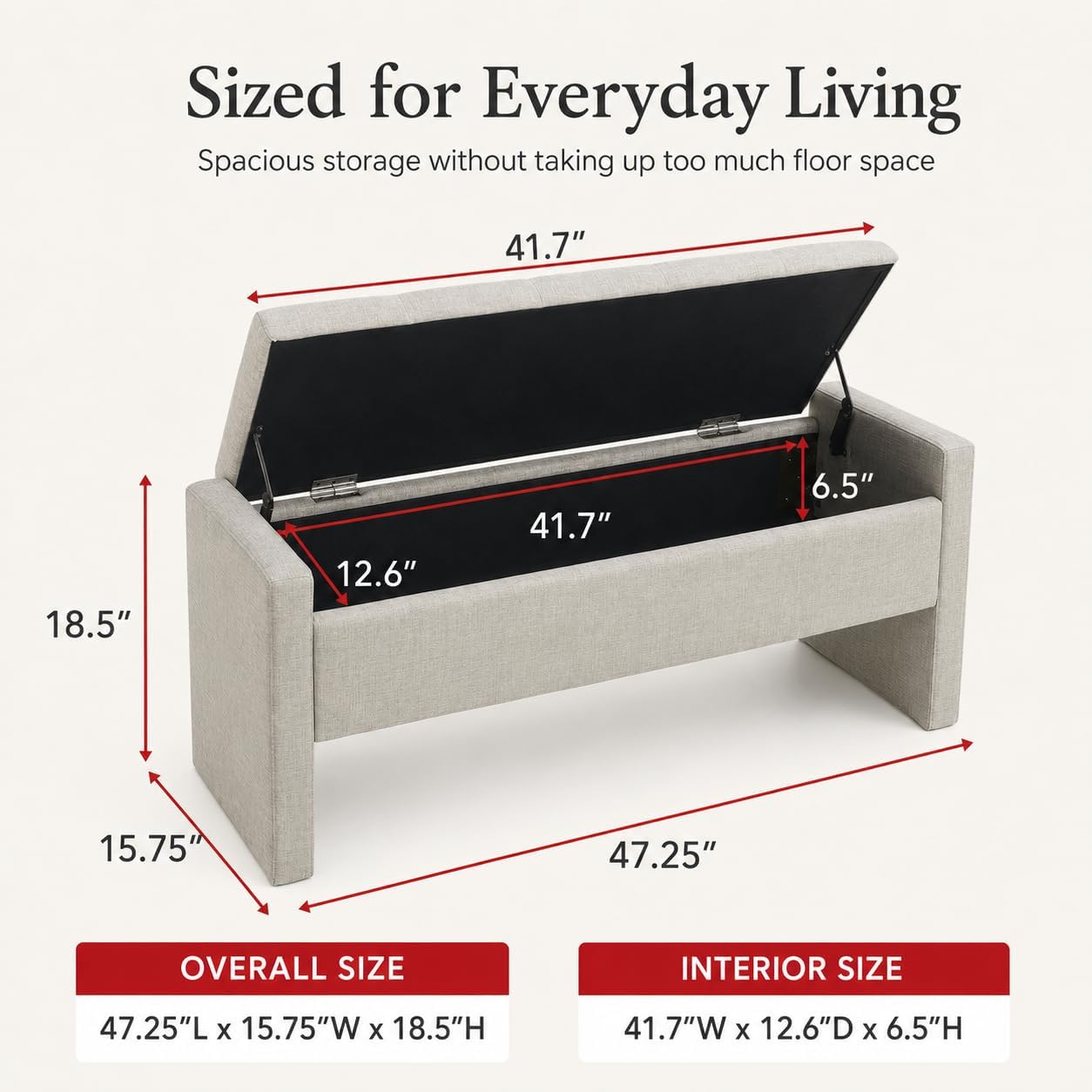 47.25 Inch Storage Ottoman Bench, Linen Upholstered, Light Grey | End of Bed Storage Bench, Entryway Shoe Bench and Footrest for Bedroom, Living Room, Dorm, Window Area and Small Spaces