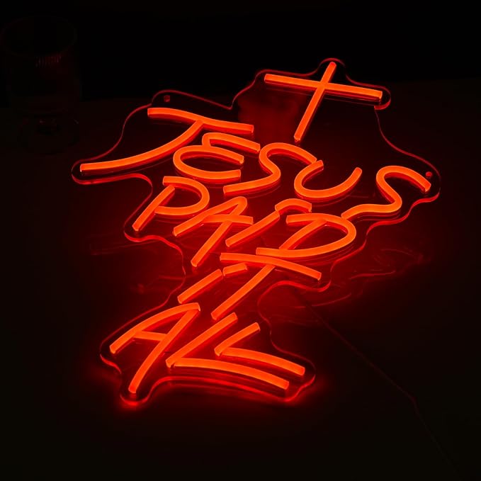 Jesus Paid It All Neon Sign Red Cross Neon Light for Wall Decor Dimmable Jesus Cross LED Light Up Sign for Christian Church Christams Home Wedding Decor Birthday Gifts(16.7 * 12.8In)