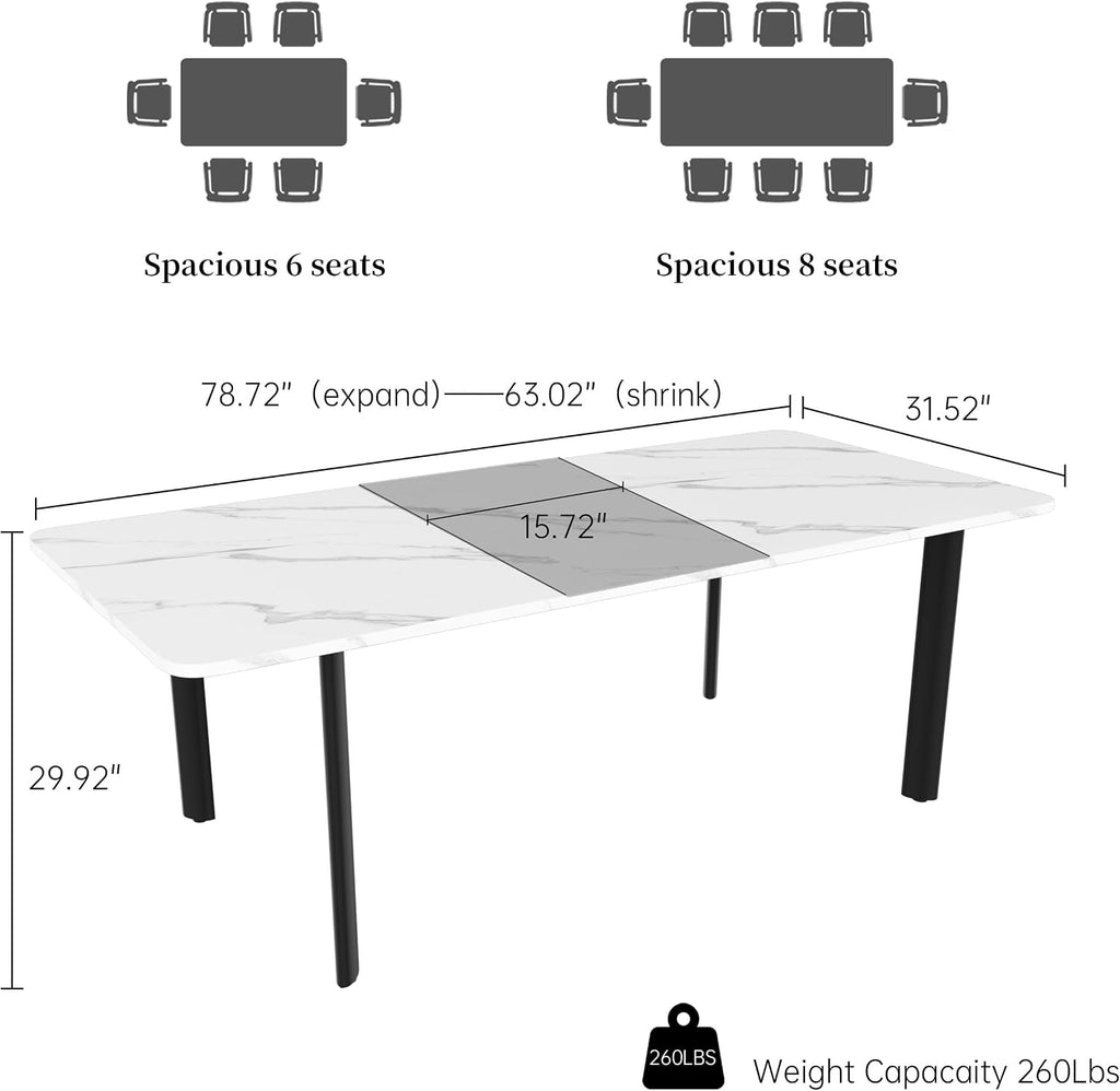 HIPIHOM Extendable Dining Table for 6-8 People, 63 to 78.7 Inch Rectangular Table, White MDF with Sturdy Metal Legs, Space-Saving for Dining Room, Kitchen, Small Spaces