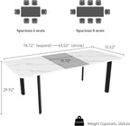HIPIHOM Extendable Dining Table for 6-8 People, 63 to 78.7 Inch Rectangular Table, White MDF with Sturdy Metal Legs, Space-Saving for Dining Room, Kitchen, Small Spaces