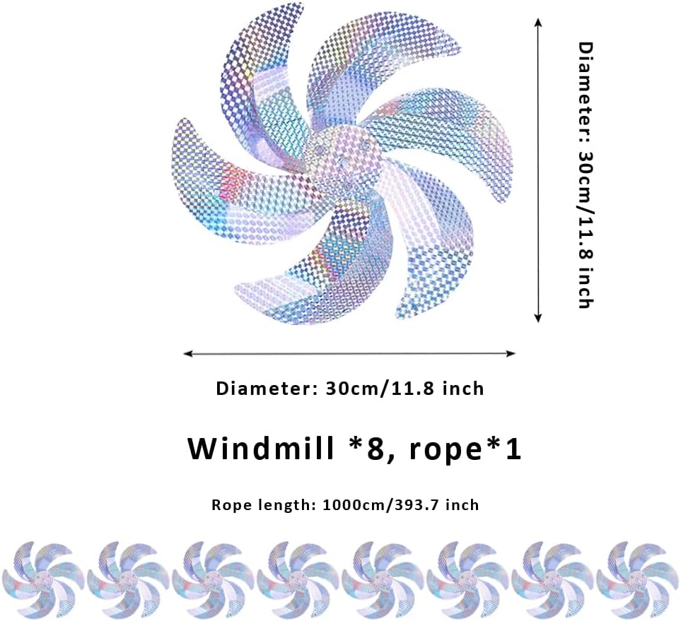 10 Meters of 8 Pieces Reflective Pinwheels Strings, Sparkly Hanging Scare Bird Deterrent Windmills, Outside Bird Repellent Wind Spinners Deterrent Birds Away from Yard Garden Patio Farm