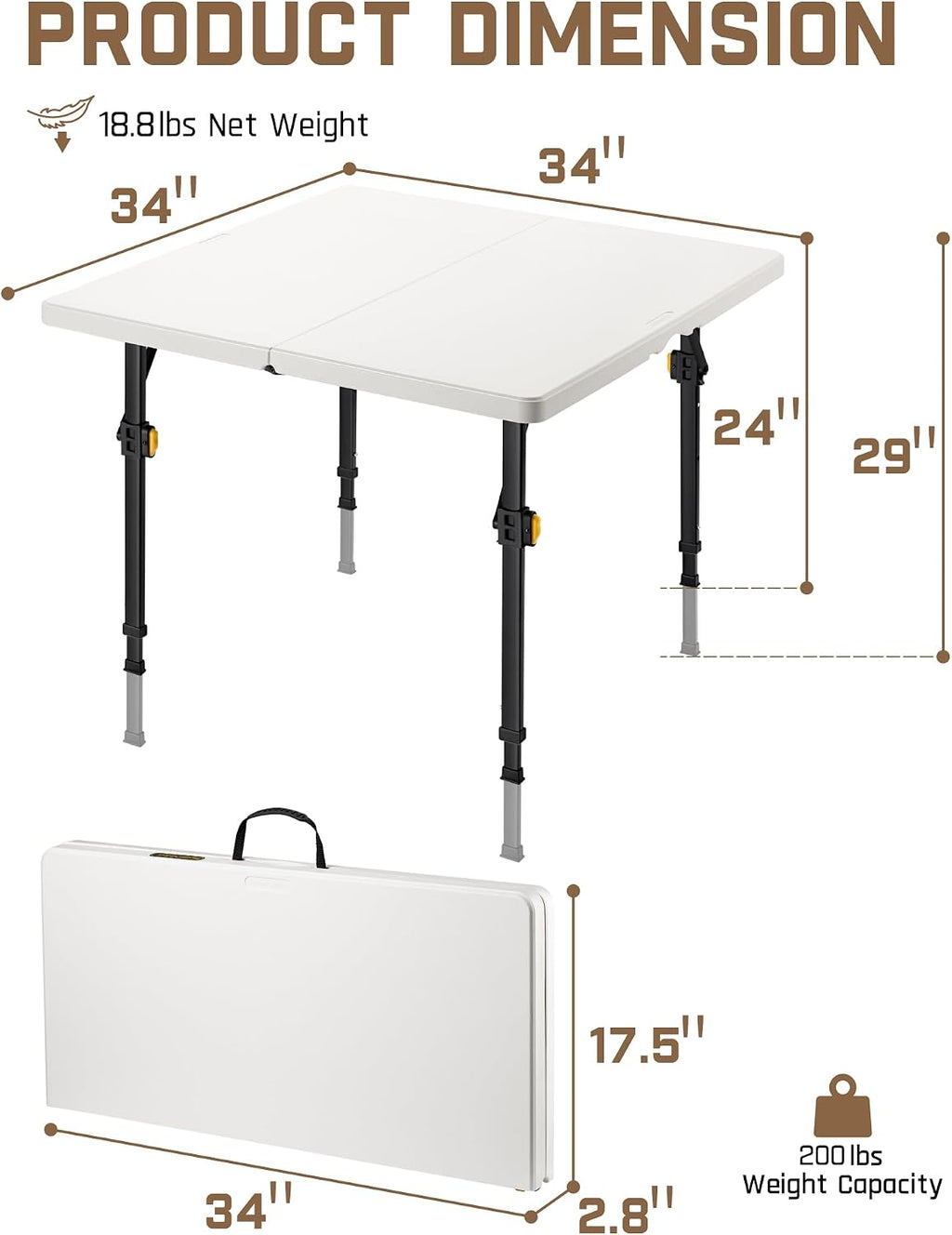 FanttikOutdoor Folding Card Table 34" Square, 2 Heights, Picnic Party Game | Fold-in-Half Utility Plastic Portable Table with Collapsible Legs & Carrying Handle, Heavy Duty, White Zeta S4 Pro