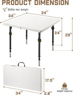 FanttikOutdoor Folding Card Table 34" Square, 2 Heights, Picnic Party Game | Fold-in-Half Utility Plastic Portable Table with Collapsible Legs & Carrying Handle, Heavy Duty, White Zeta S4 Pro