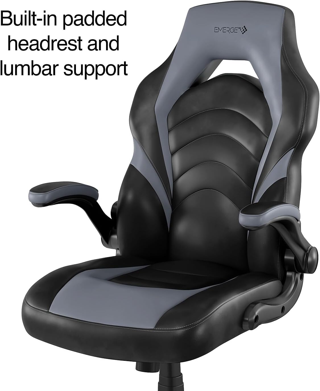 STAPLES Emerge Vortex Gaming Chair, Adjustable Height, Swivel Black | Racing-style design with sturdy swivel base, ideal for gaming or office desk setups.