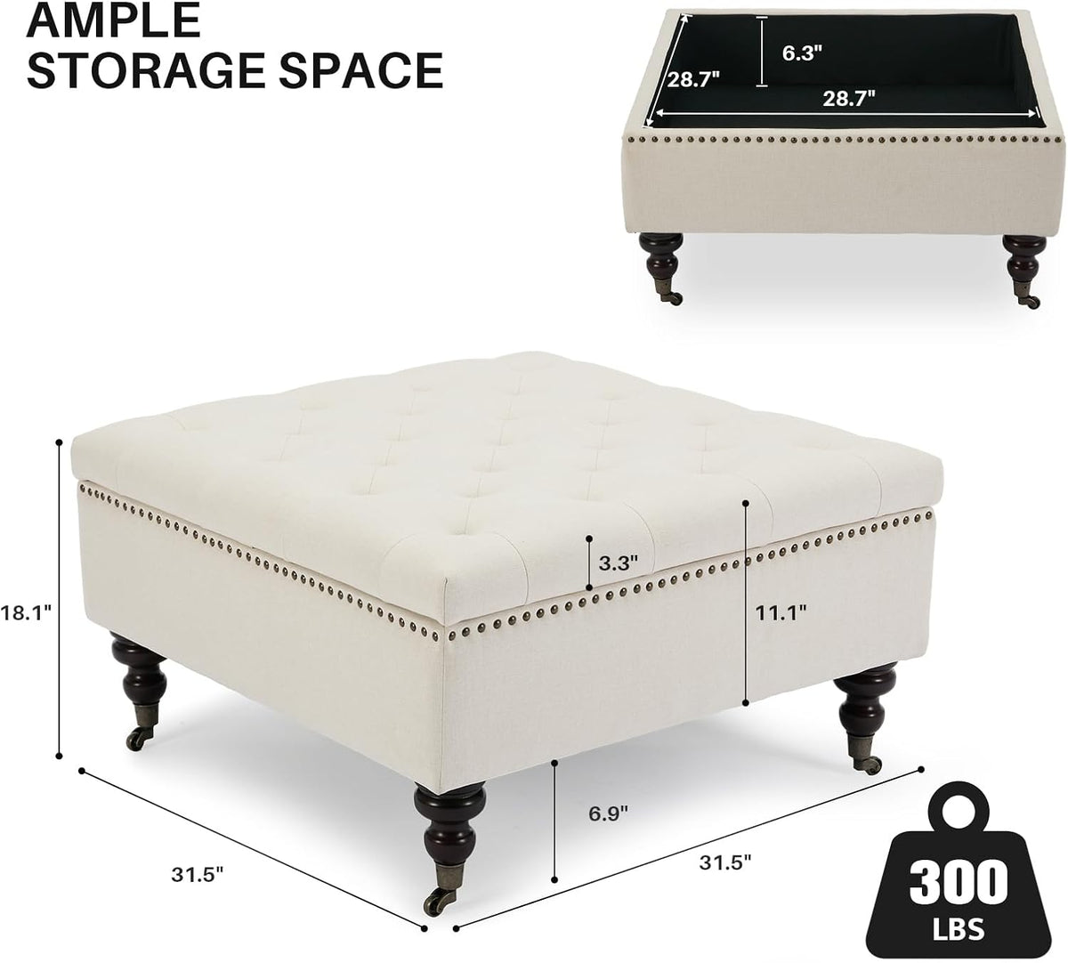 Large Square Storage Ottoman Uphlostered Tufted Button Coffee Table, Beige