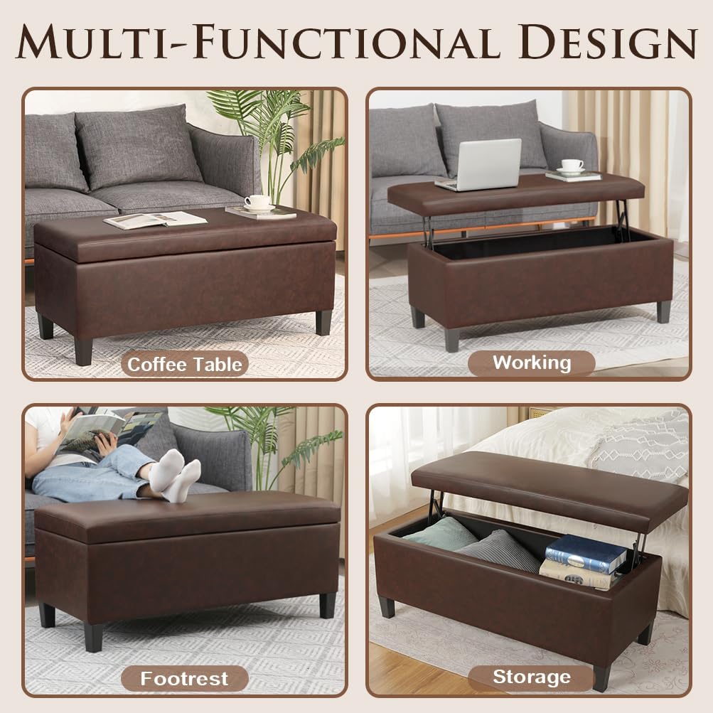 Homebeez 42" Storage Ottoman Bench, Lift Top Faux Leather Storage Bench | with Hidden Compartment, Modern Rectangular End of Bed Bench, for Bedroom Living Room Entryway, Blackened Red