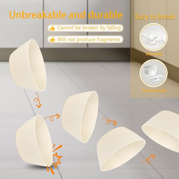 supernal 12PCS Beige Wheat Straw Bowls - Unbreakable Reusable Plastic Bowl,Fridge & Dishwasher Safe Soup Bowl,Lightweight Beige Disposable Bowls for Catering,Weddings,Cereal,Salad,Ramen