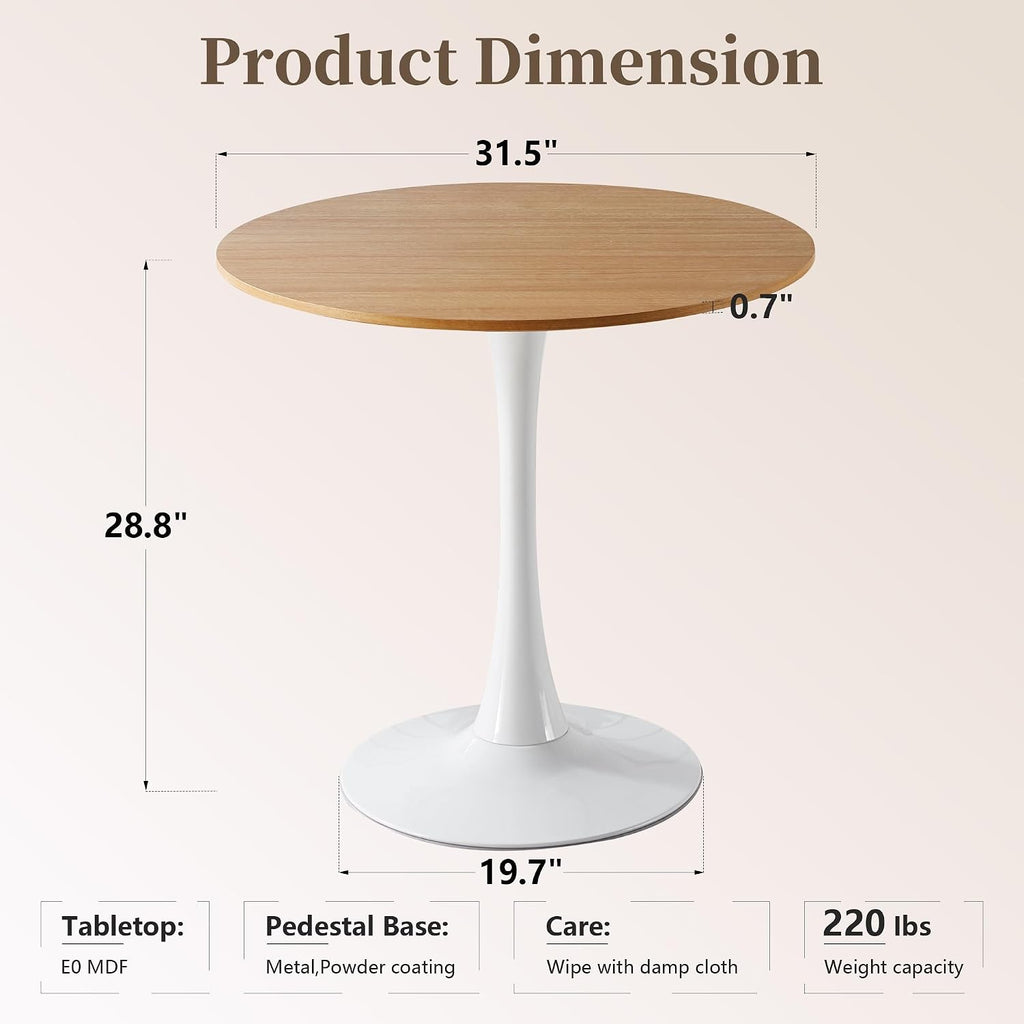 31.5 Inch Round Dining Table,Mid-Century Tulip Table with Metal Pedestal Base,Modern Leisure Table for Small Space Kitchen Dining Room,Easy Assembly,White and Oak