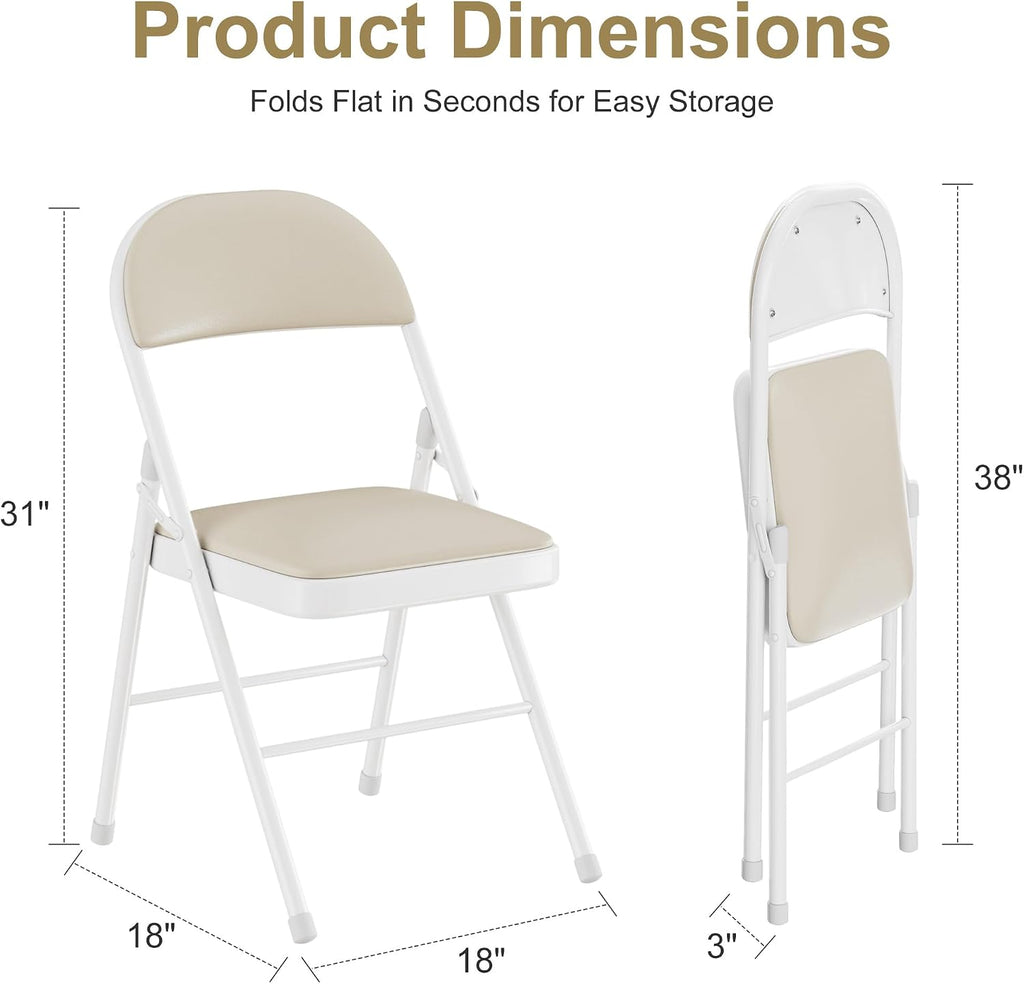 VECELO Folding Chairs Set of 2, Faux Leather Padded, Beige | Folding chairs with comfortable PU leather padded seat, Sturdy metal frame, Space saving design for office dining party