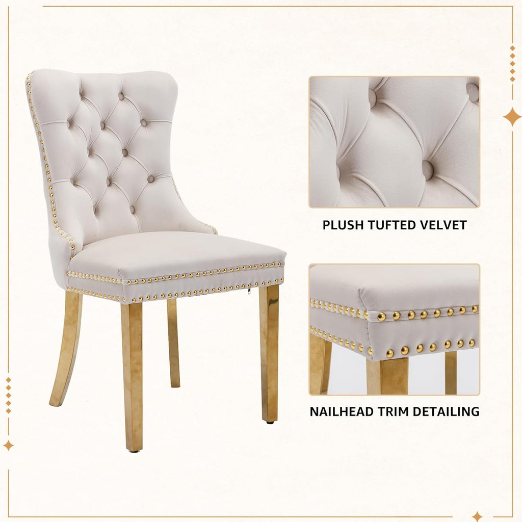 Velvet Dining Chairs Set of 4, Tufted Upholstered High Wingback Chairs with Nailhead Trim & Pull Ring, Golden Stainless Steel Legs for Dining Room, Sillas de Comedor, Beige
