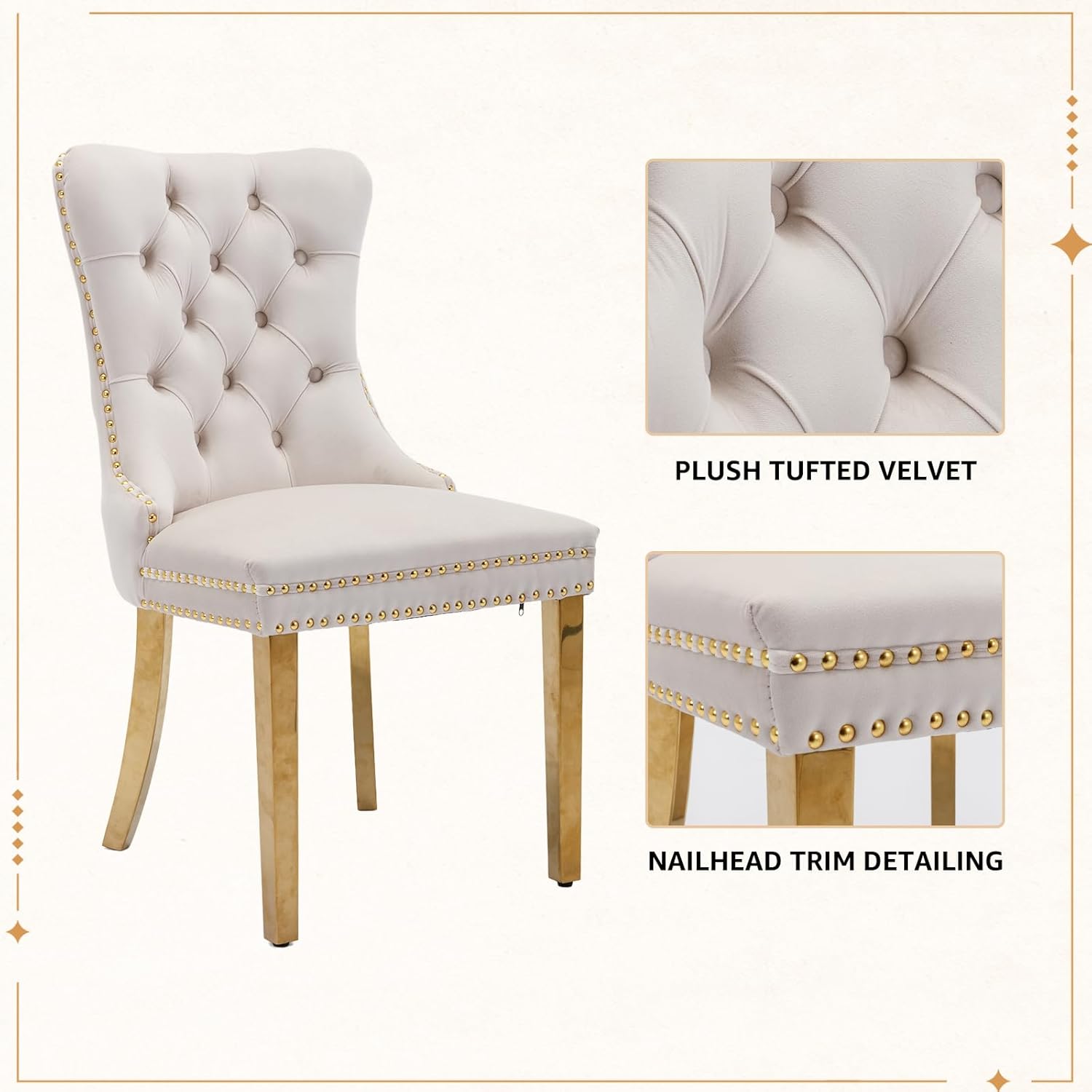 Velvet Dining Chairs Set of 4, Tufted Upholstered High Wingback Chairs with Nailhead Trim & Pull Ring, Golden Stainless Steel Legs for Dining Room, Sillas de Comedor, Beige