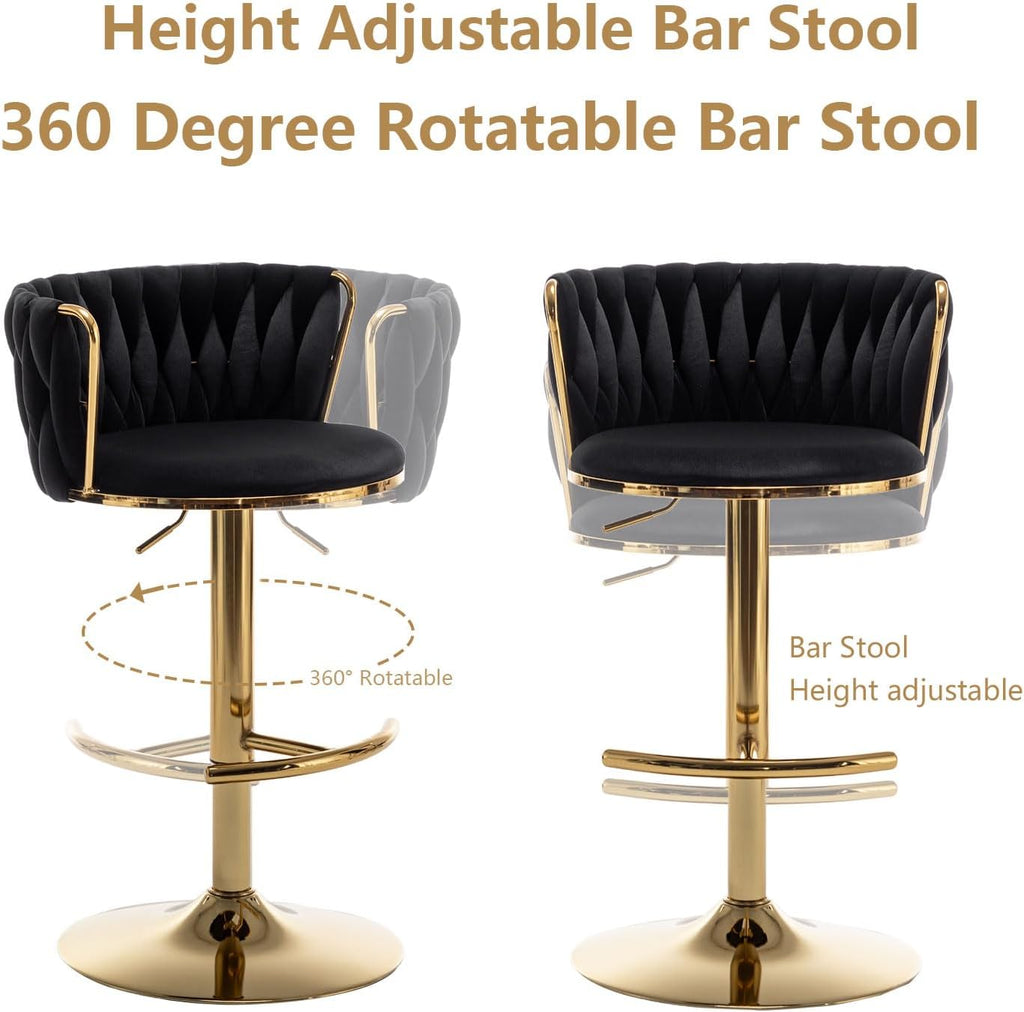 Riknuxi Velvet Bar Stools Set of 3, Counter Height Bar Chairs with Low Back, Gold Swivel Bar Stools for Kitchen Island, Pub (Black)