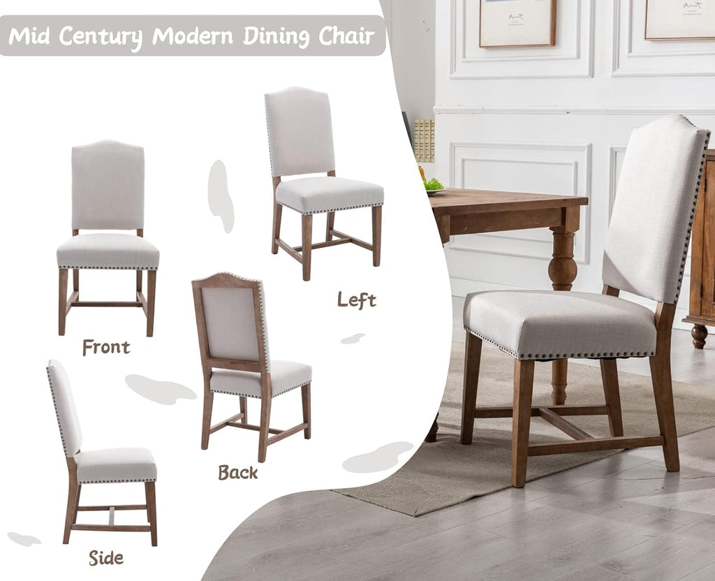 CIMOTA Mid Century Modern Dining Chairs Set of 6, Farmhouse Upholstered Dining Room Chairs Comfortable Kitchen Side Chairs with High Back/Natural Solid Wood Frame, Linen Beige