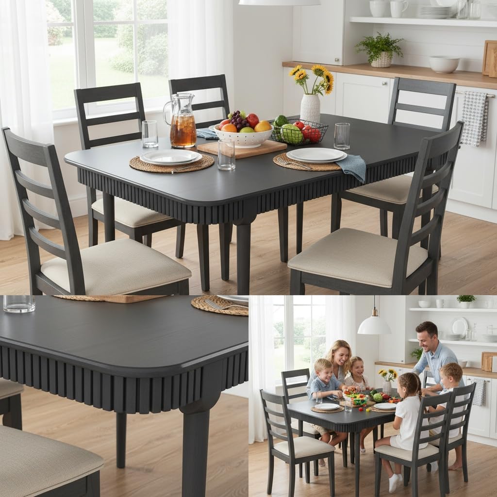 LukeAlon 63-inch Solid Wood Dining Table for 4-6, Mid-Century Modern Kitchen Table, Farmhouse Dining Table for Kitchen, Dining Room, Living Room, Large Tabletop, Black