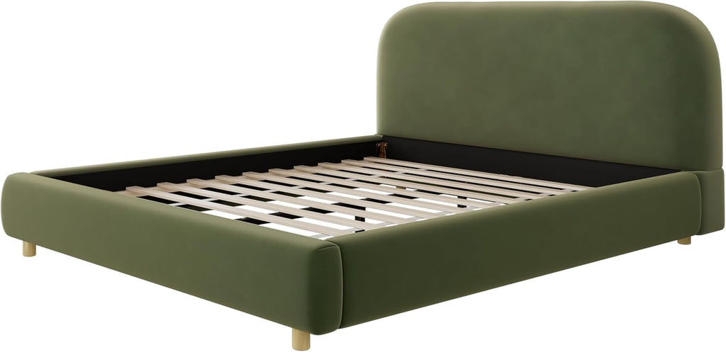 Merax Queen Velvet Fabric Platform Bed with Curved Headboard, Olive Green