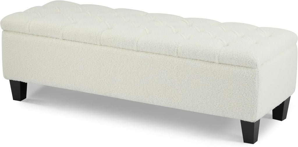 Ottoman Bench with Storage - Beige Storage Bench End of Bed with Safety Hinges, Tufted Ottoman for Living, Dining Room, Entryway and Hallway