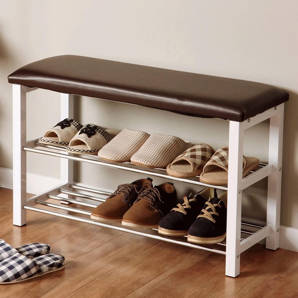 Foot Stool Shoe Rack Bench with Leather Pad 2-Layer Storage Porch Shoe Rack Footstool Suitable for Porch Bedroom Corridor Entryway Bench